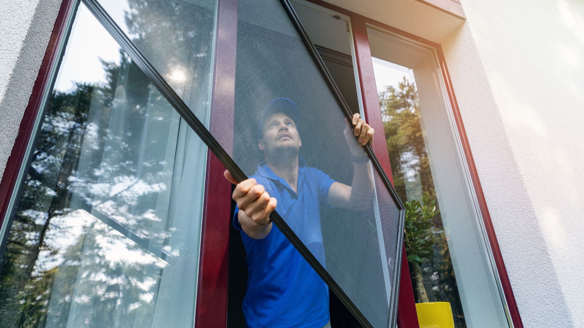 Person in blue shirt cleaning window with screen on sunny day