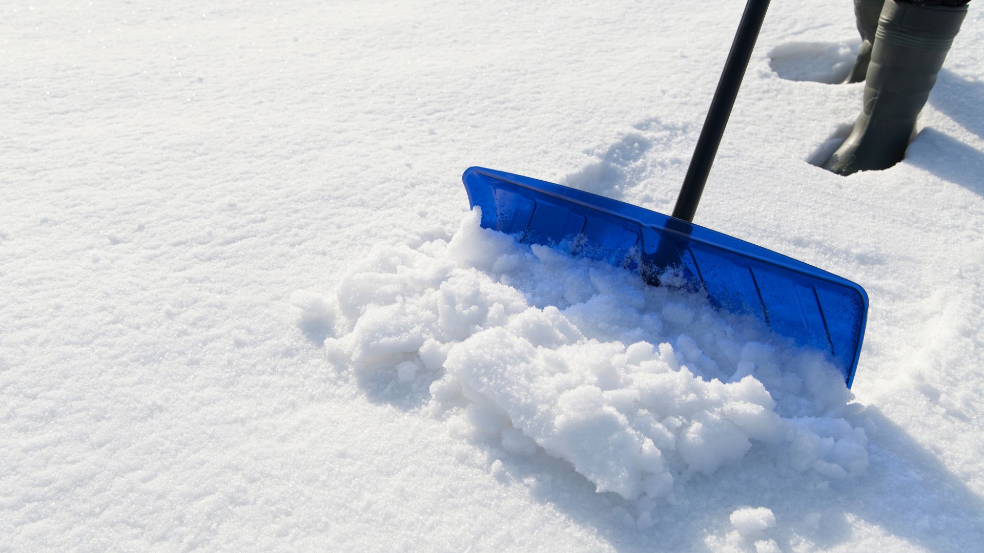 Blue snow shovel clearing white snow on winter ground